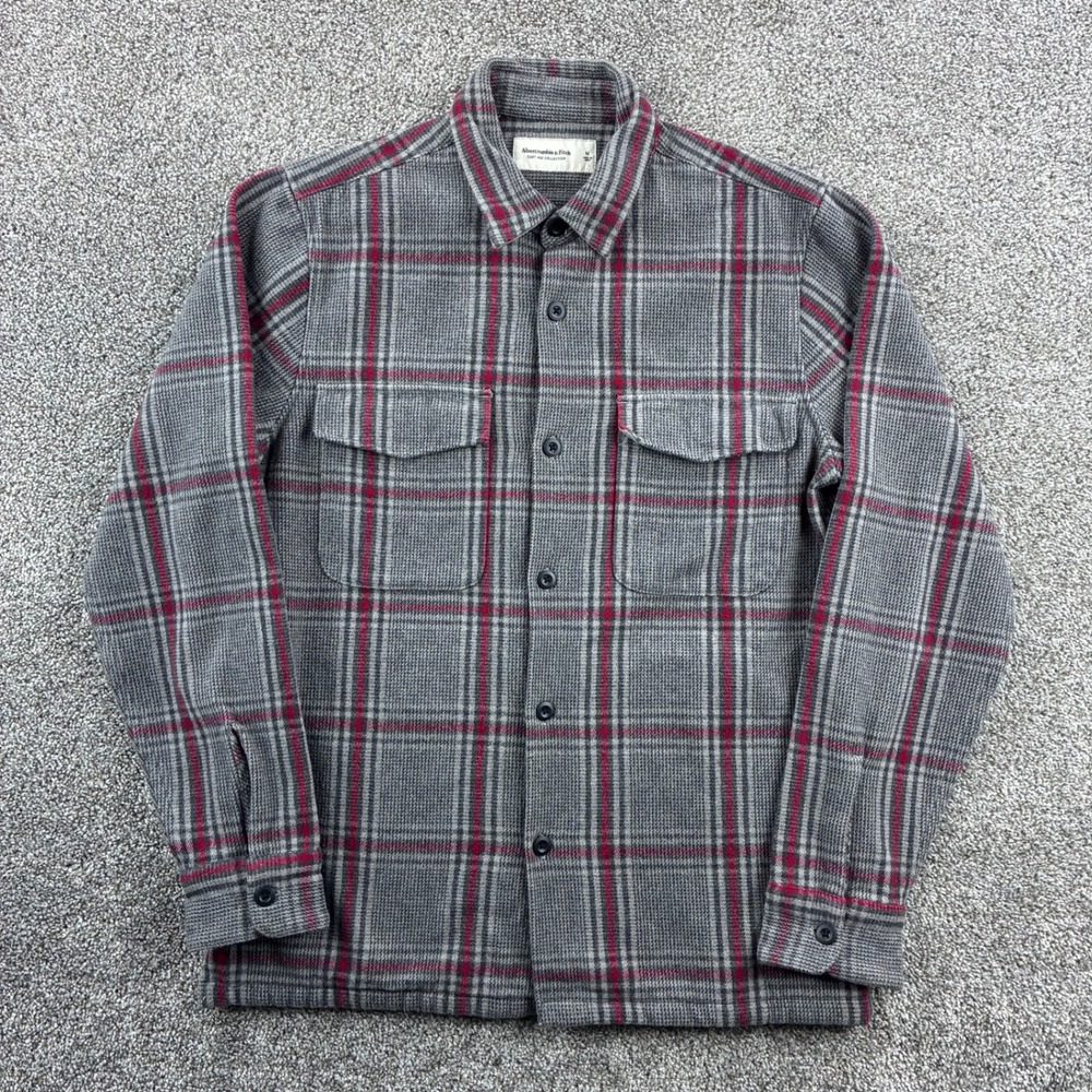 Abercrombie & Fitch Flannel Shirt‎ Mens M Gray Red Plaid Soft A&F Knit Overshirt